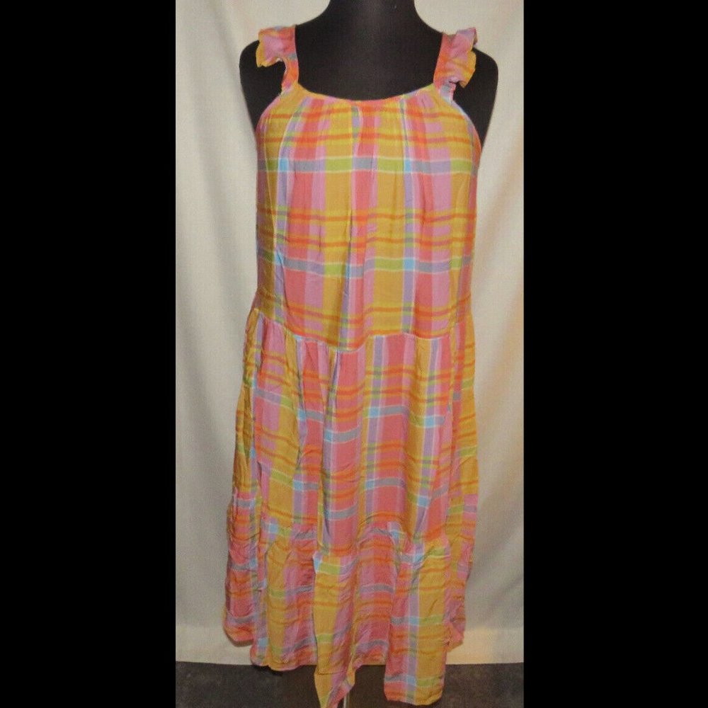 Time & Tru vintage inspired pastel plaid tiered midi dress, pockets, XXL(20)